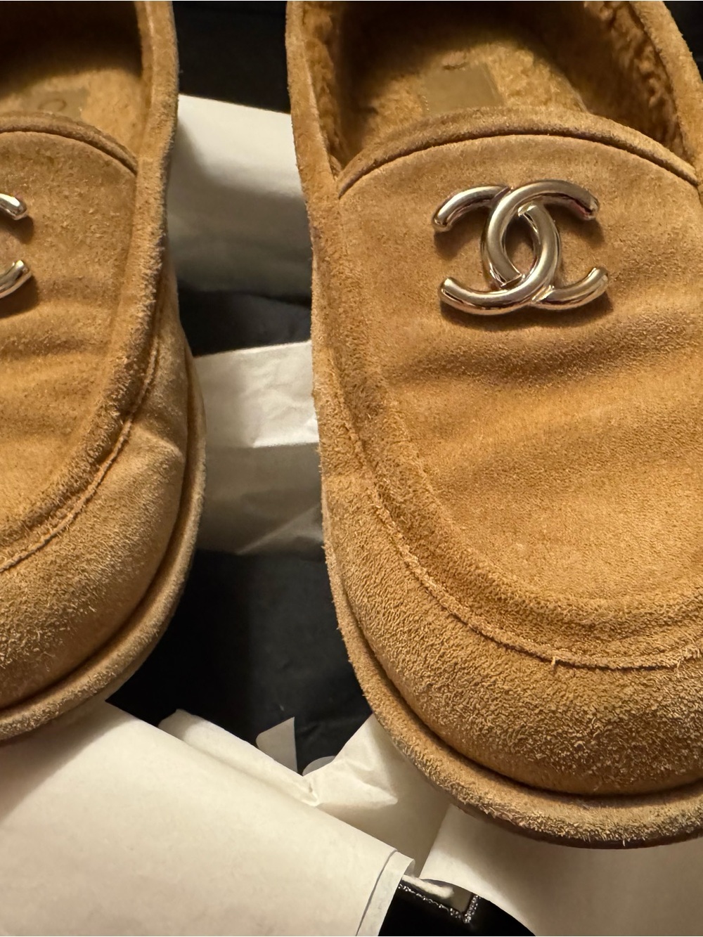 CHANEL Tan Suede Shearling-Lined Slip-On Loafers with CC Hardware - Picture 3 of 11